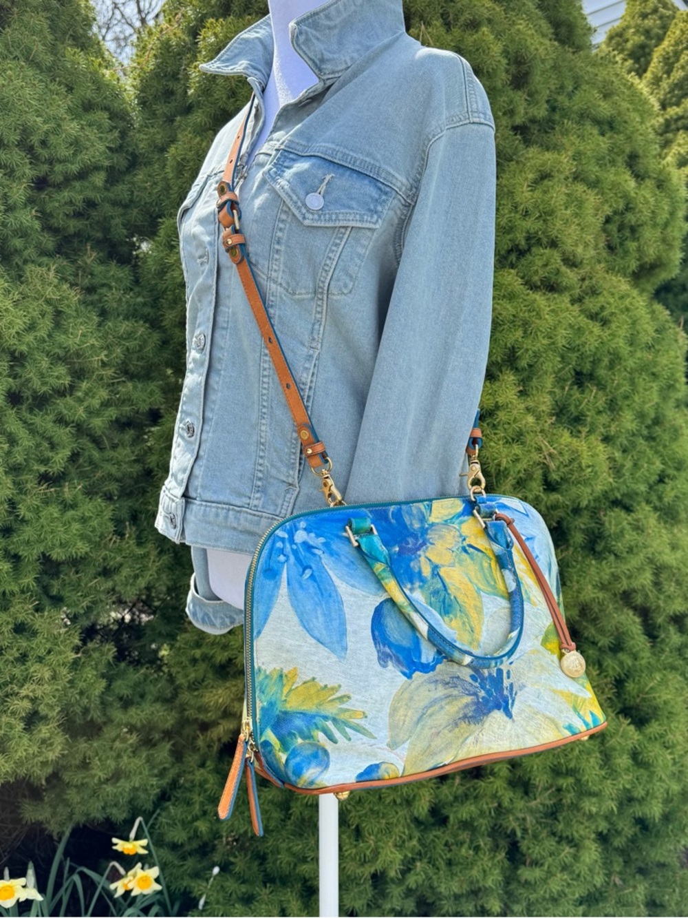 Brahmin Ella Connery Blue & Yellow Floral Dome Satchel with Leather Trim